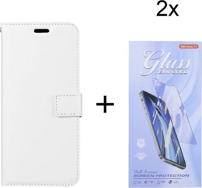Bookcase Geschikt voor: OnePlus Nord 2 5G - Wit - portemonnee hoesje met 2 stuk Glas Screen protector