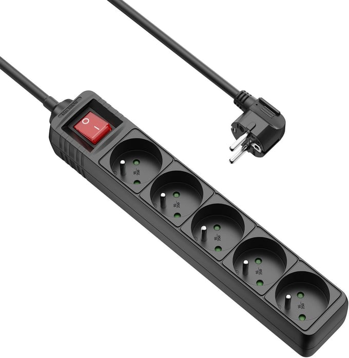 Allteq - Stekkerdoos met schakelaar - penaarde - 5-voudig - 3 meter - Zwart