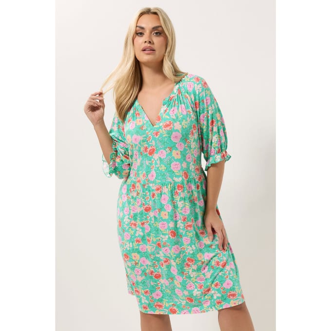 Yours Groene Jurk Met Bloemenprint En Inkeping In De Hals Size 48