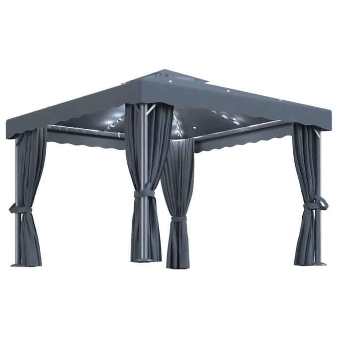 vidaXL - Prieel - met - gordijn - en - LED-lichtslinger - 3x3 - m - antracietkleurig
