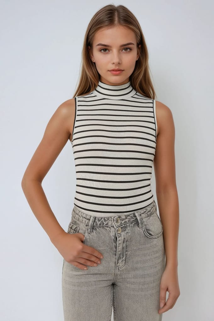 Gestreepte Half Col Mouwloze Getailleerde Brei Top