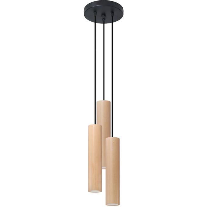 Hanglamp LINO 3P met 3 houten buiskappen aan ronde plaat - Sollux Lighting - IP20 - Natuurlijk hout hout behuizing - 20 x 20 x 100 cm - 3 x GU10 LED, exclusief lichtbron - 3 x 10 W - Scandinavische hanglamp voor gang, hal en woonkamer