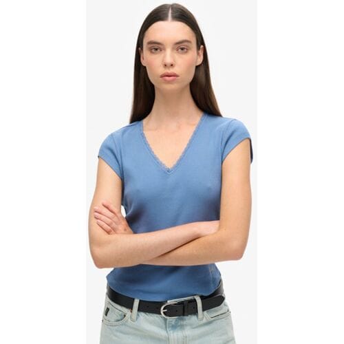 Superdry Athletic Essentials top met V-hals en Kanten Rand Blauw Grootte: 10-12