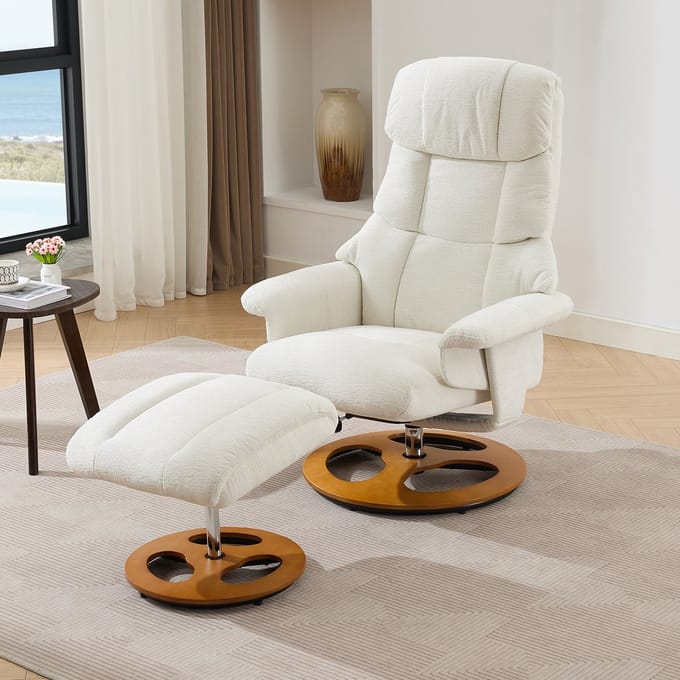 Relaxfauteuil - Massage en Verwarming - 360° Draaibaar met Hocker - Chenille - Wit
