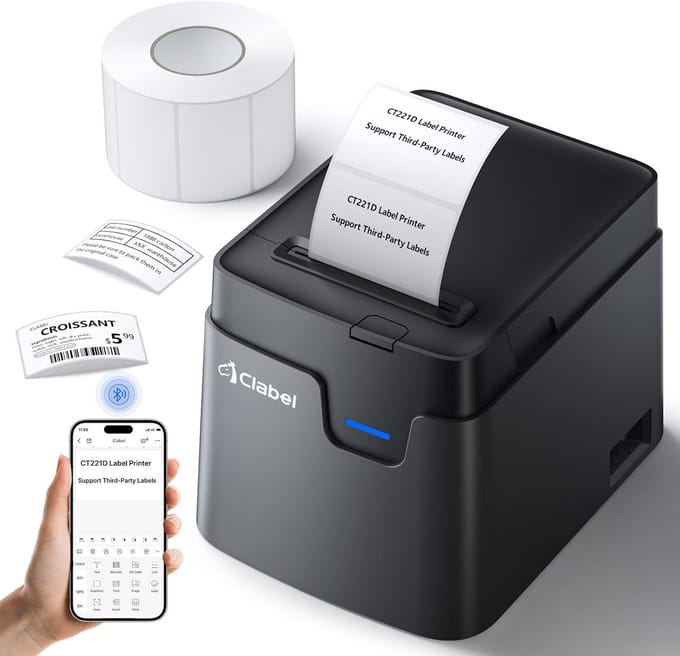 Thijox - Thermo 221D Labelprinter Bluetooth, Zelfklevend Etiketteerapparaat, Desktop Barcode Labelprinter met Rol, 40x30 mm, EU-stekker voor Kantoor e