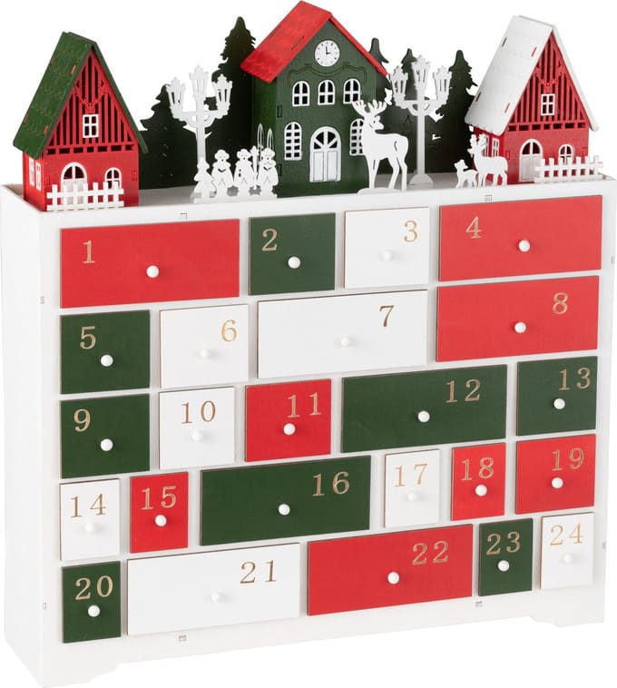 J-Line decoratie Winter Kast + Huizen - hout - mix - LED lichtjes