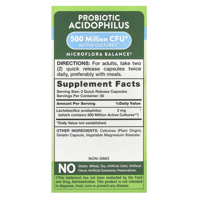 Nature's Truth, Probiotique Acidophilus, 2 mg, 100 Capsules à Libération Rapide (1 mg par capsule)