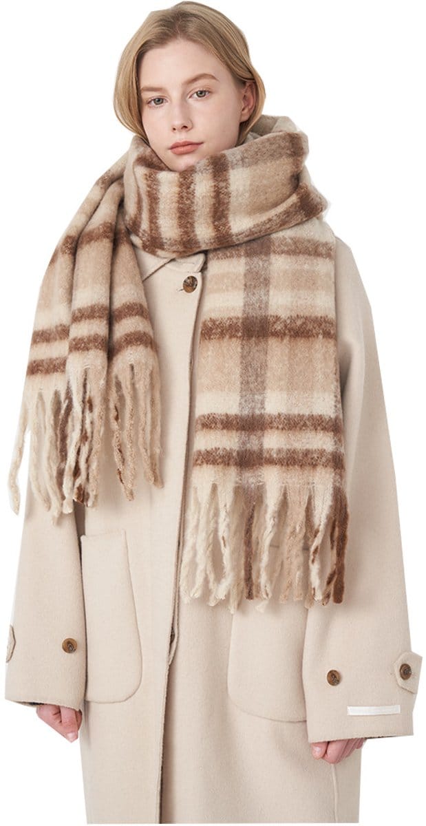 Wintersjaal Dames – Omslagdoek – Geruite Sjaal – Bruin/Wit
