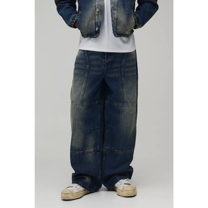 Baggy Stijve Bleach Washed Panelen Denim Jeans | Antique Wash | Size 30R