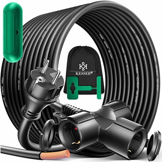 Verlengkabel 15 m met 3 x Schuko stekker - IP44