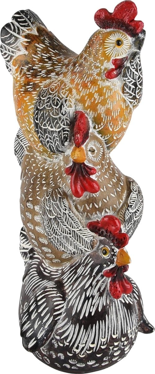 Dekoratief | Stapel 3 kippen, bruin/wit, resina, 12x15x28cm | A230141