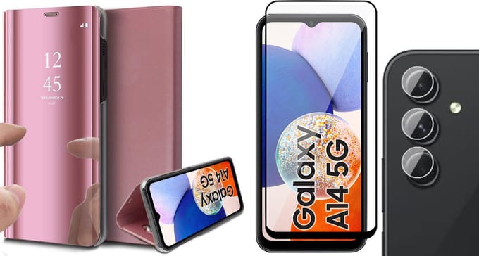 Hoesje geschikt voor Samsung Galaxy A14 - Screenprotector FullGuard & Camera Lens Screen Protector - Book Case Spiegel Roségoud