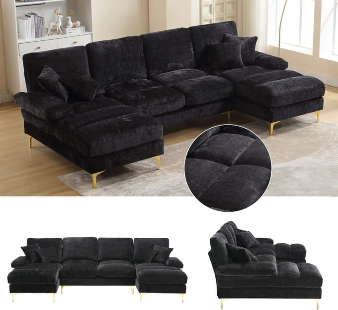 Hoekbank - U-vorm - Chenille met Dubbele Ligplaats - Modern Design - Chenille - Zwart