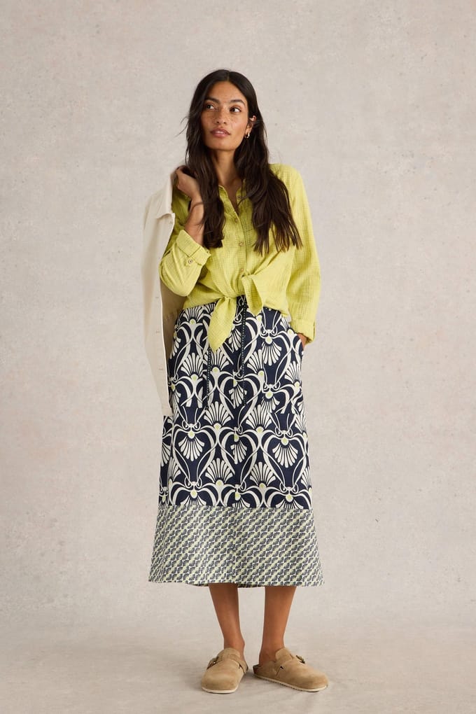 White Stuff Elle Linen Blend Skirt Navy Print Größe: 6 REGULAR | Midiröcke Outlet | Damen | Weiß