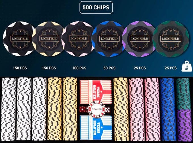 Pokerset 500 Chips 14 gram - Zwarte Aluminium Koffer - Speelkaarten - Dealer Button - Dobbelstenen - Engelhart