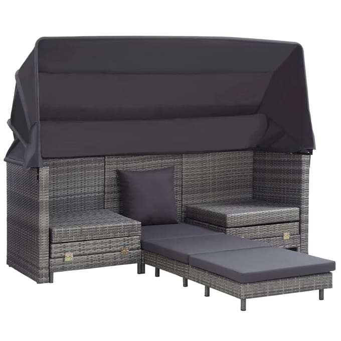 vidaXL - Slaapbank - met - luifel - 3-zits - verlengbaar - poly - rattan - grijs