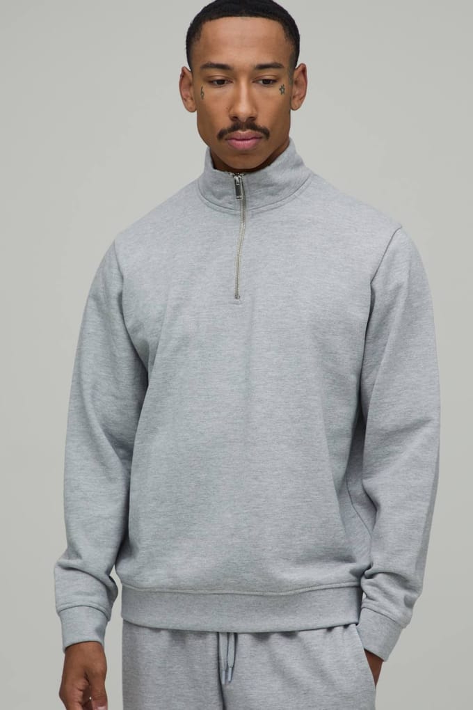 Regular Fit Premium 480gsm 1/4 Zip Funnel Neck Sweatshirt | Grey Marl | Size 4XL