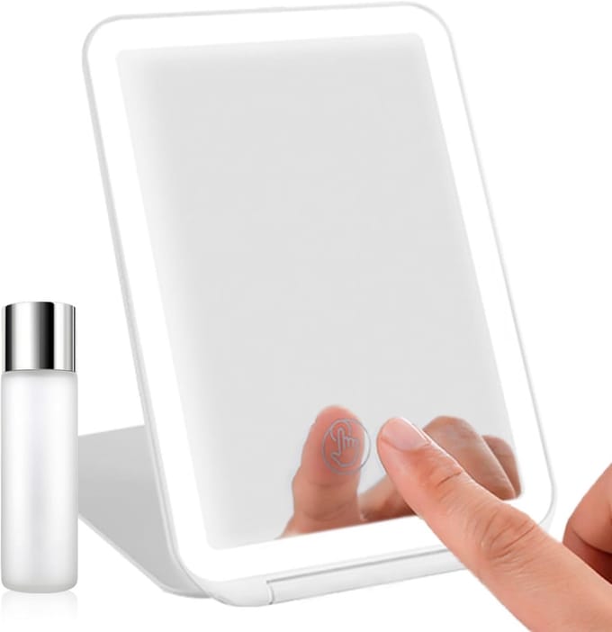 Rechargeable Table Mirror with 72 LED Lights Touch Screen Dimmable - 3 Light Colours, 125° Rotation - Foldable for On-the-Go