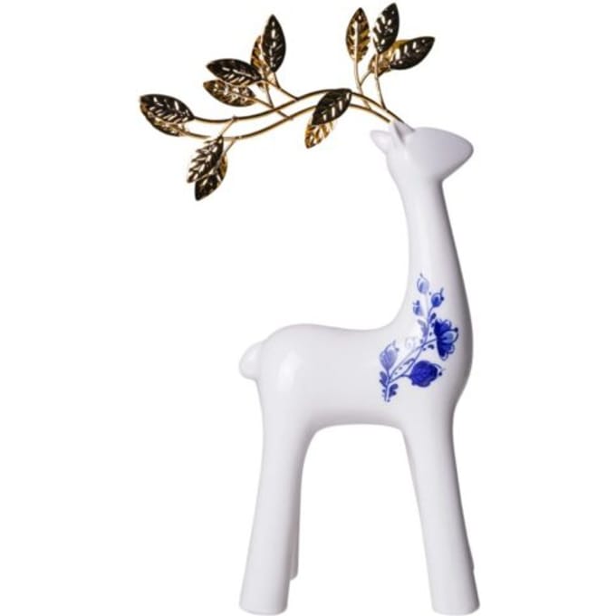 Heinen Delfts Blauw - Rendier groot - Goud - Keramiek - 31 cm