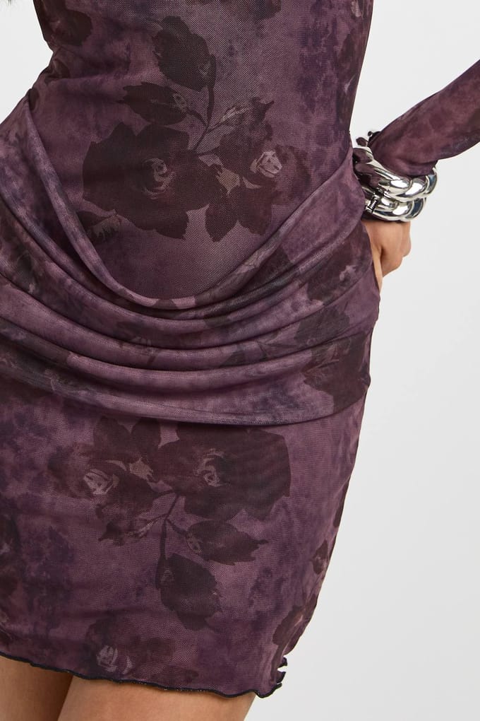 boohoo Dames Mini-jurk met floral mesh en draperende taille-details | Plum | Maat: 10
