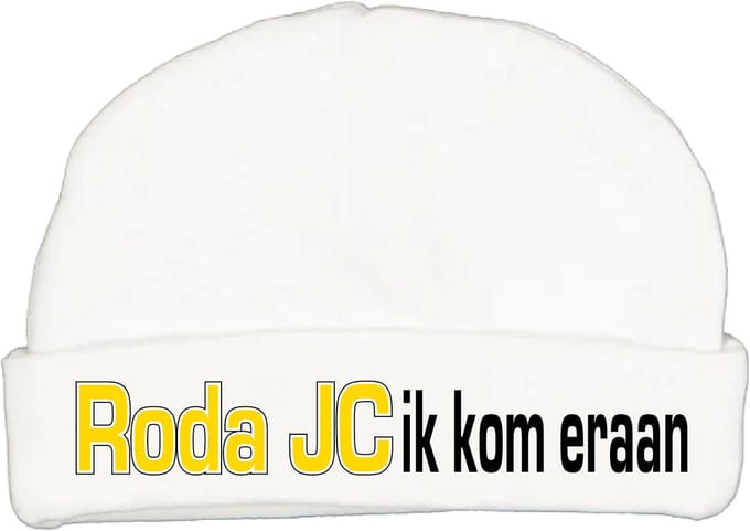 Babymutsje met de tekst: Roda JC ik kom eraan !