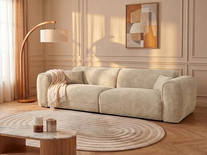 Vente-unique Vierzitsslaapbank in beige ribfluweel - POGNI van Maison Céphy