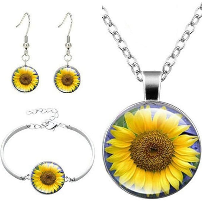 Style Rétro, Ensemble Collier Pendentif Gemme Temps Tournesol, Bracelet de Mode, Ensemble de Bijoux Boucles d'Oreilles Puces Ensemble Trois Pièces. jaune