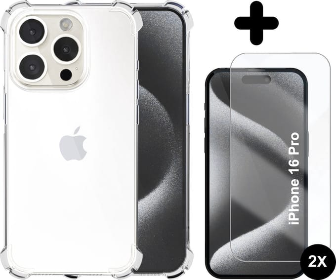 Hoesje geschikt voor iPhone 16 Pro Transparant - 2x screenprotector - beschermglas screen protector- Anti Shock hoesje case