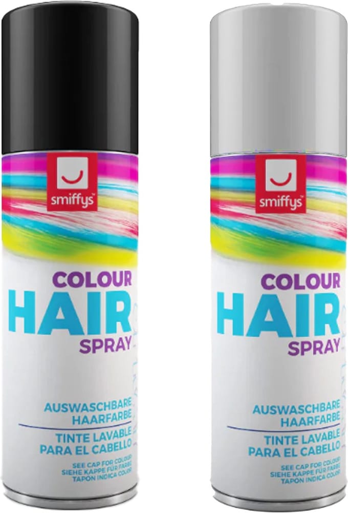 Smiffys Carnaval verkleed hoofdhaar verf/spuitspray - zwart en wit - spuitbussen - 125 ml p/st