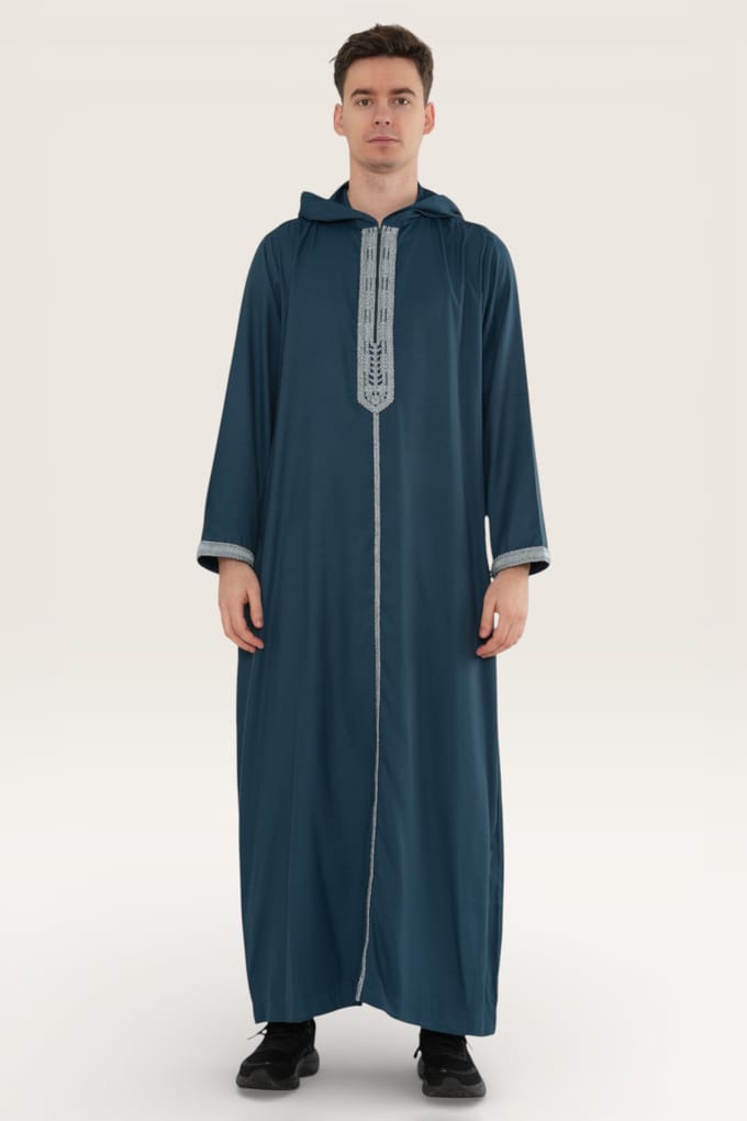 Heren blauwe Eid Marokkaanse Thobe gewaad met capuchon Djellaba Gandoura Ramadan Jubba LFS-HM3