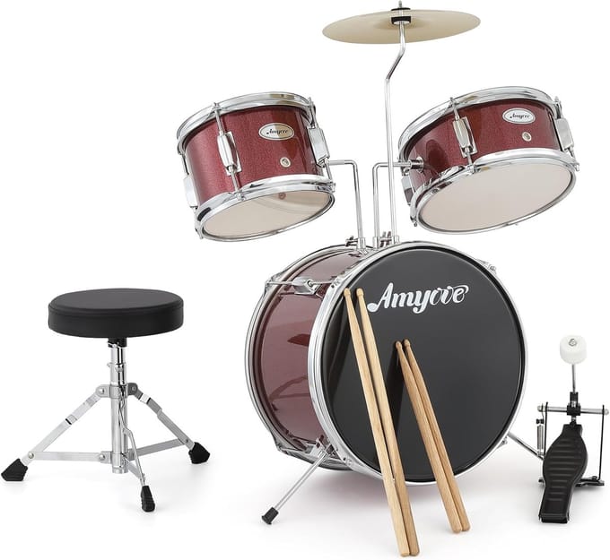 3-delig drumstel voor beginners, complete set op ware grootte met basdrum, toms, snaredrum, statieven, cimbalen en drumstokken