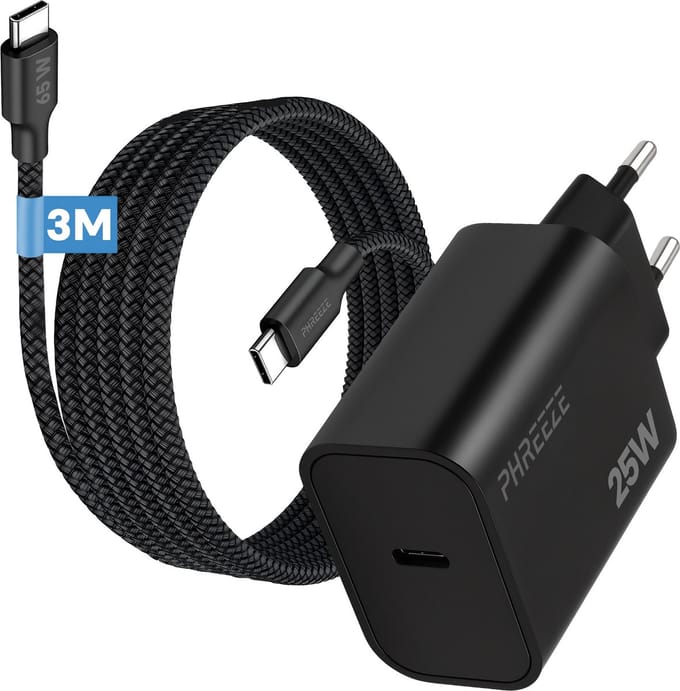 Phreeze usb C oplader 25w met usb C naar usb C kabel - 3 meter - Snellader voor telefoon en laptop
