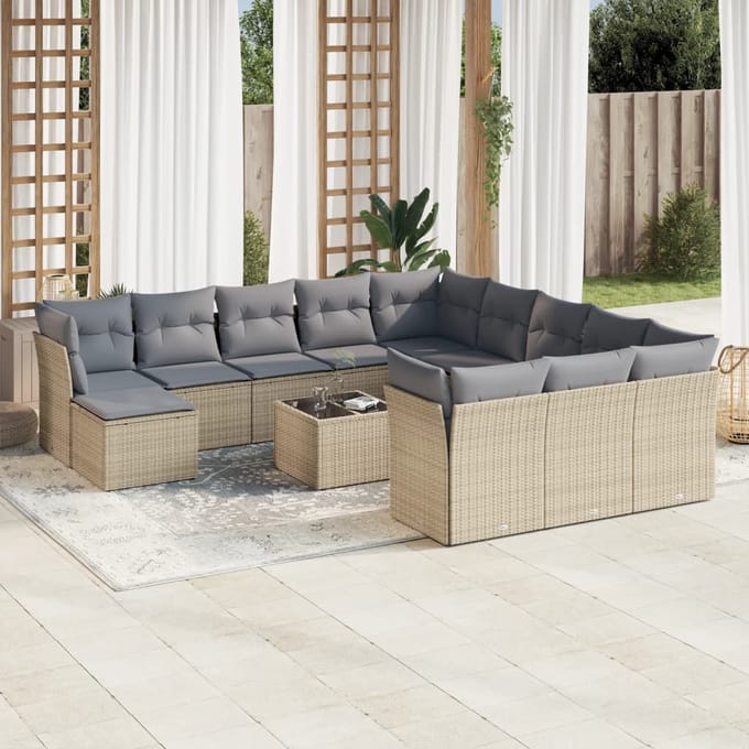 vidaXL - 13-delige - Loungeset - met - kussens - poly - rattan - beige