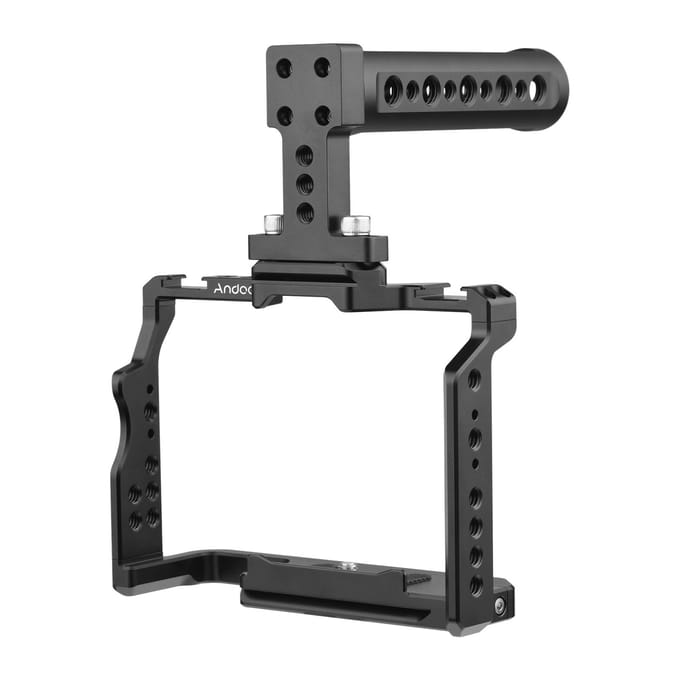 Andoer Camera Video Cage + Top Handle Kit Aluminiumlegering met Dubbele Cold Shoe Mounts Talrijke 1/4 zwart