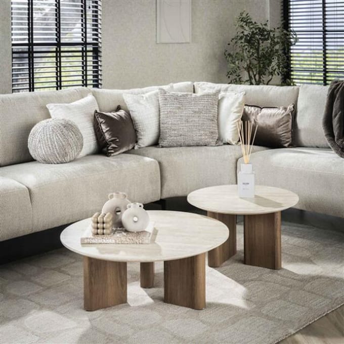 Hoyz Collection - Salontafel Romano Rechthoekige Poot - Keramisch Travertin - Set van 2