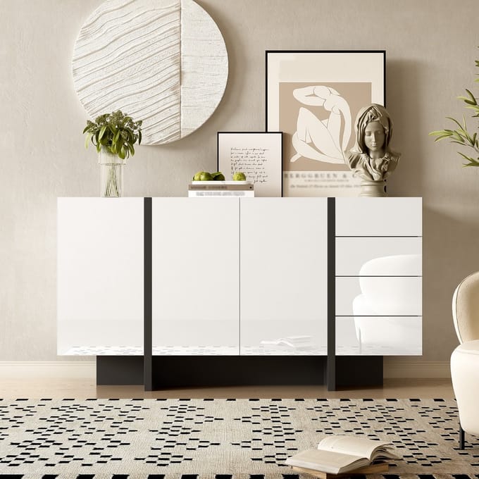 Sweiko Dressoir - Hoogglans - Minimalistisch - 2 deuren + 4 laden - Wit