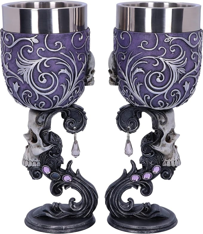 Set van 2 Dubbele Schedel Bekers Hartvormig - Gothic Wijnkelken met Zilveren Details
