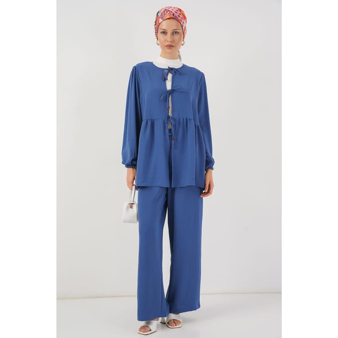 Ronde Hals Lange Tuniek en Wijde Pantalon Set