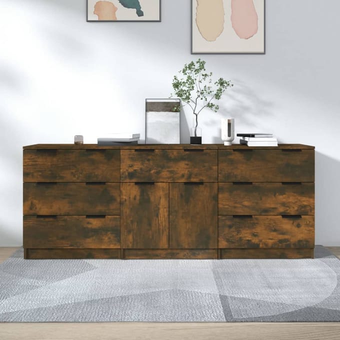 vidaXL - 3-delige - Dressoirs - bewerkt - hout - gerookt - eiken