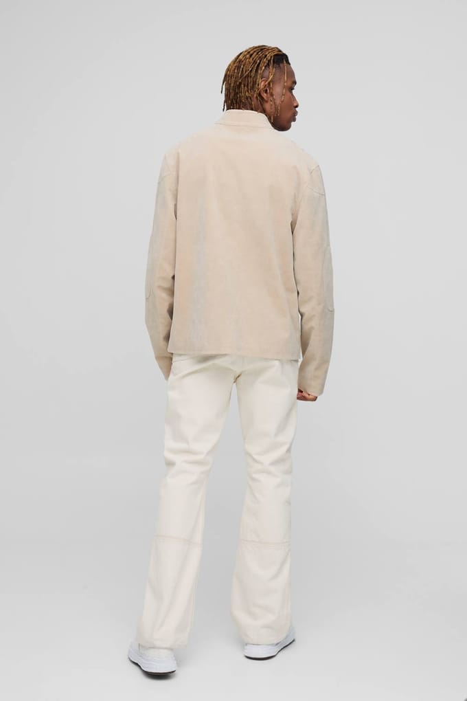 Hoge Tumbled Kunstsuède Geborduurde Regular Fit Biker Jas | Stone | Size Medium