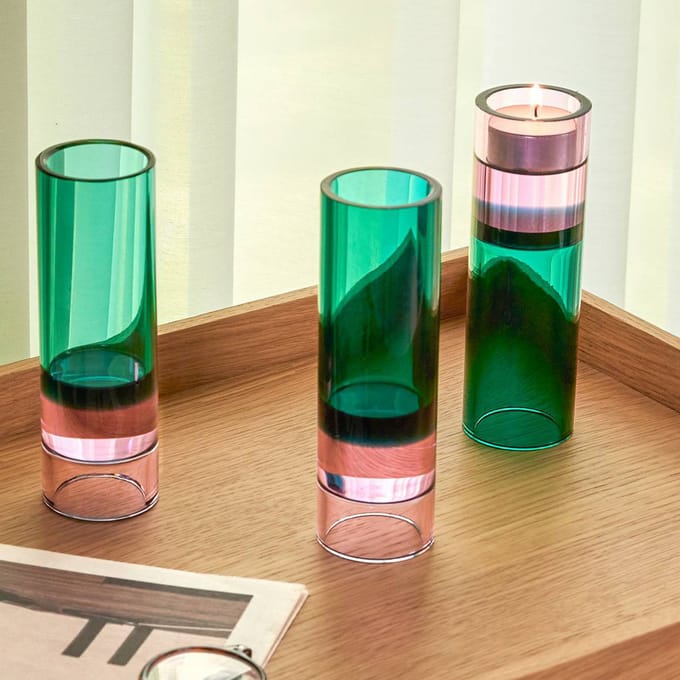 Hübsch Astro theelichthouder, groen/roze, kristalglas, 15 cm