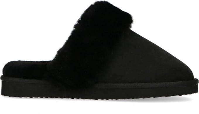 Manfield - Dames - Zwarte pantoffels met wollen voering - Maat 36