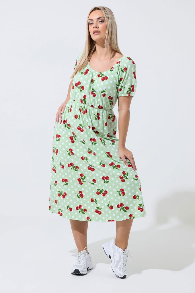 Limited Collection Groene Gingham Bardot Jurk Met Kersenprint Size 42