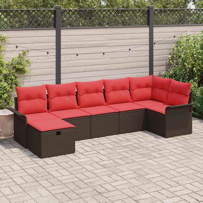 vidaXL - Tuinbank - Set - 7 - st - Bruin - en - Rood - poly - rattan