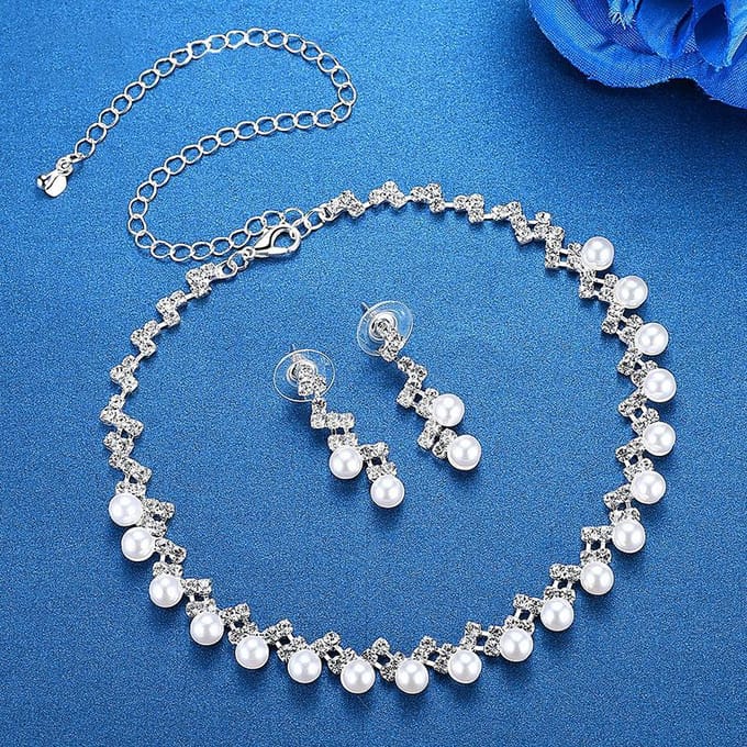 Mode Drie Delig Bruids Sieraden Set Elegante Strass Parel Oorbellen Ketting Armband Set 2 blue