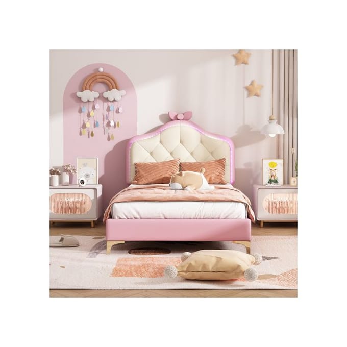 Lit simple - MUVOE - 90x200 cm - Rose - LED multicolores - Design ondulé avec nœud rose rose