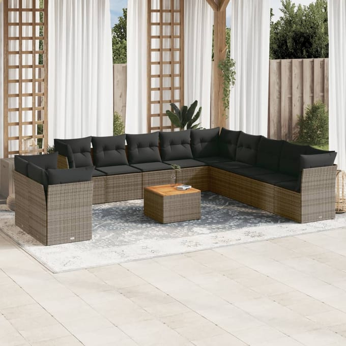 vidaXL - 12-delige - Loungeset - met - kussens - poly - rattan - grijs