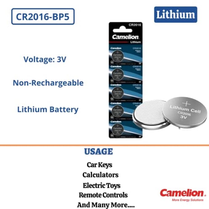 Lithium knoopcelbatterij CR2016 - Set van 5, 3 Volt, 75 mAh voor diverse apparaten