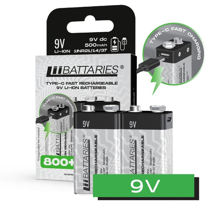 LiiBattaries KRACHTIGE OPLAADBARE BATTERIJ LITHIUM-ION 9V USB-C 2 stuks 500mAh 9V