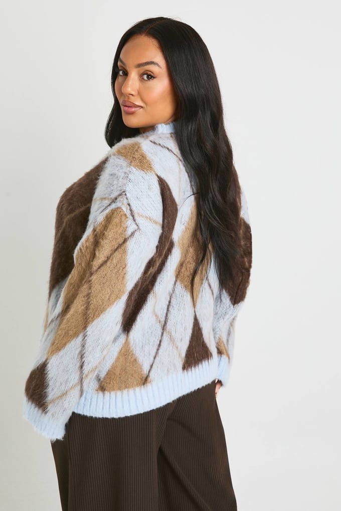 boohoo Dames Plus Geborstelde Argyle Oversized Trui | Blue | Maat: 28